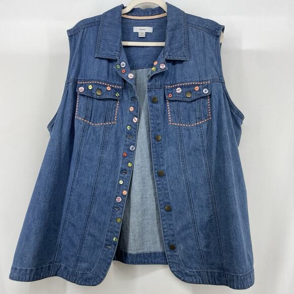 CJ Banks Size 3X Denim Vest Multicolor Button Embellished Stitching Button Down - Picture 2 of 6